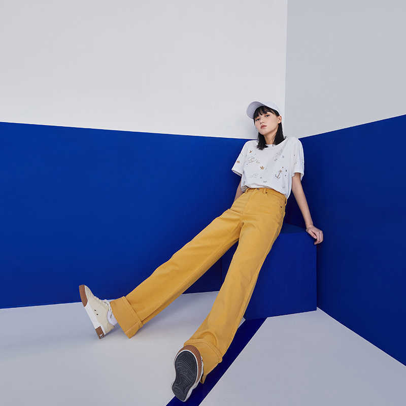 Toyouth Women Jeans Autumn High Waist Wide Leg Denim Trousers Solid Color Yellow Black Chic Pants 210922