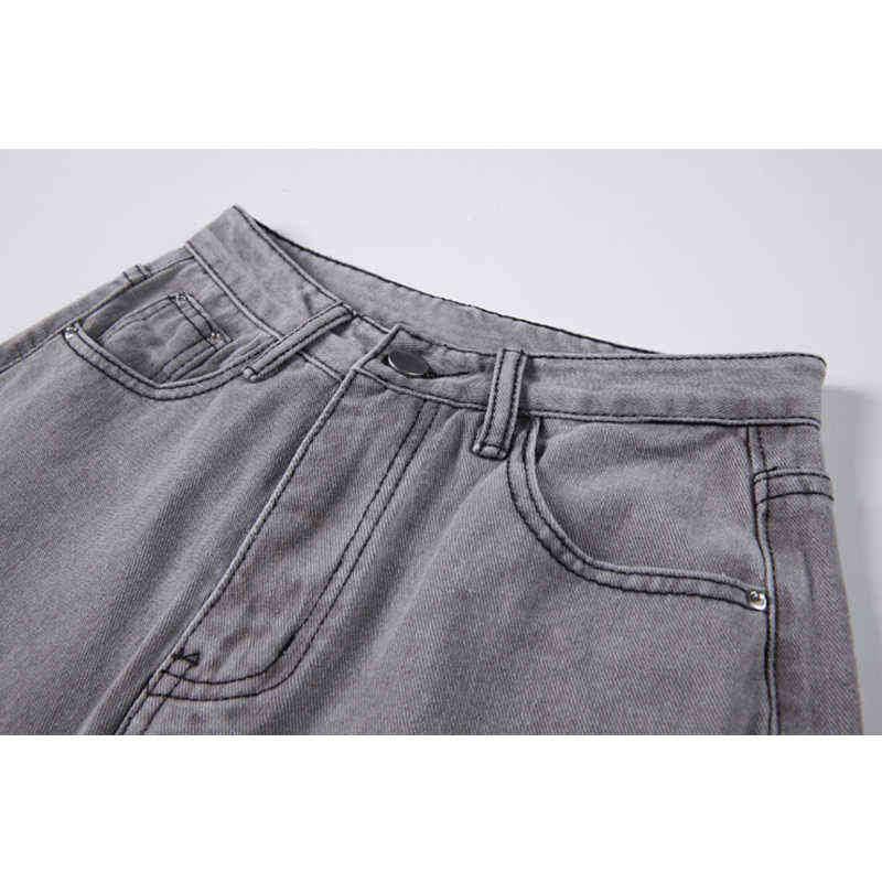 High Waist Grey Ripped Jeans Women Streetwear Baggy Harajuku Wide Leg Female Trousers Vintage Straight Long Pants 211129