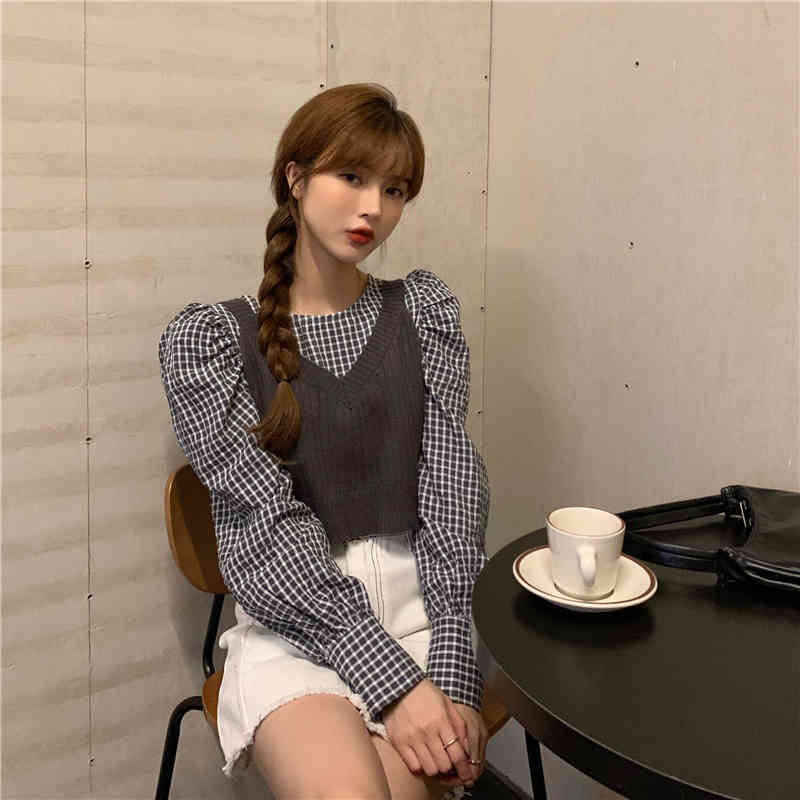 Nomikuma Women Plaid Blouse 2piece Sets Puff Long Sleeve O-neck Shirt + V-neck Short Sleeveless Lace Up Vest Outfits 6C586 210427