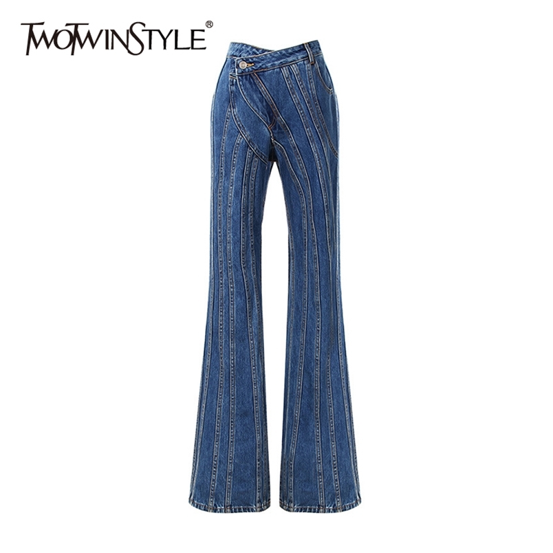 TWOTWINSTYLE Striped Denim Flare Jeans For Women High Waist Casual Irregular Pants Female Fashion Clothing Autumn 210708, Blue
TWOTWINSTYLE Striped Denim Flare Jeans For Women High Waist Casual Irregular Pants Female Fashion Clothing Autumn 210708, Blue