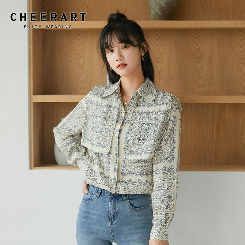 Vintage Rayon Long Sleeve Blouse Fall Women Floral Print Button Up Collar Shirt Shoulderette European Clothing 210427