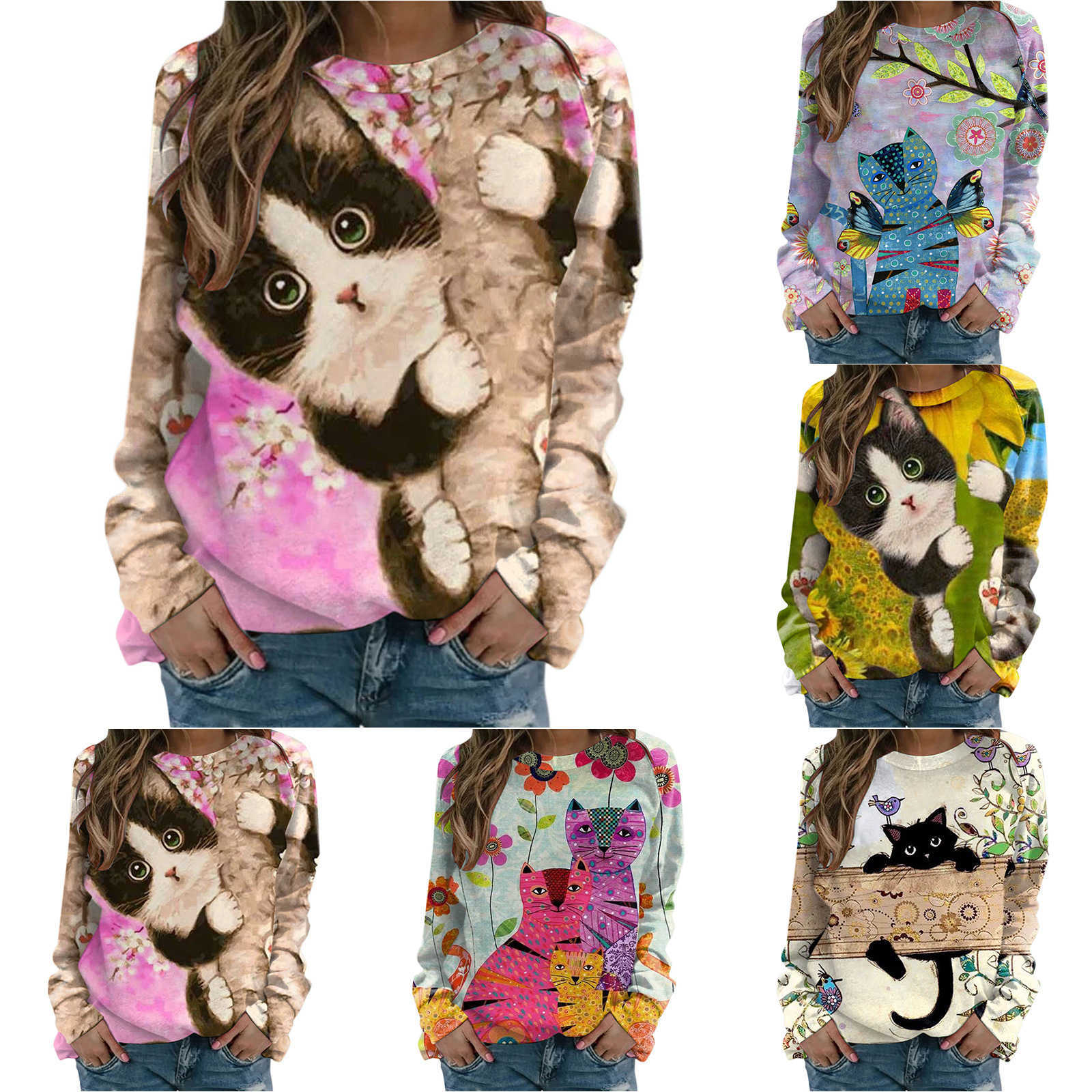 2021 autumn and winter new loose long sleeve top cat printed sweater women' wear, White
2021 autumn and winter new loose long sleeve top cat printed sweater women' wear, White