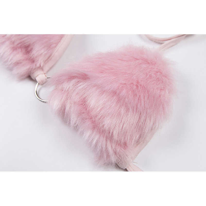 Fluffy Faux Fur Pink Bra Crop Top Sexy Festival Rave Halter Top Women Party Club Summer Beach Backless Bandage Bralette Camis 210625