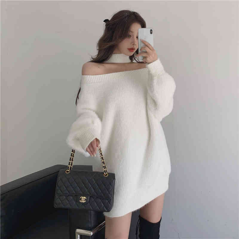 korean style Knitted Sweaters Women Loose soft warm Sweater and pullovers Female Jumpers off shoulder tops (R99455 210423