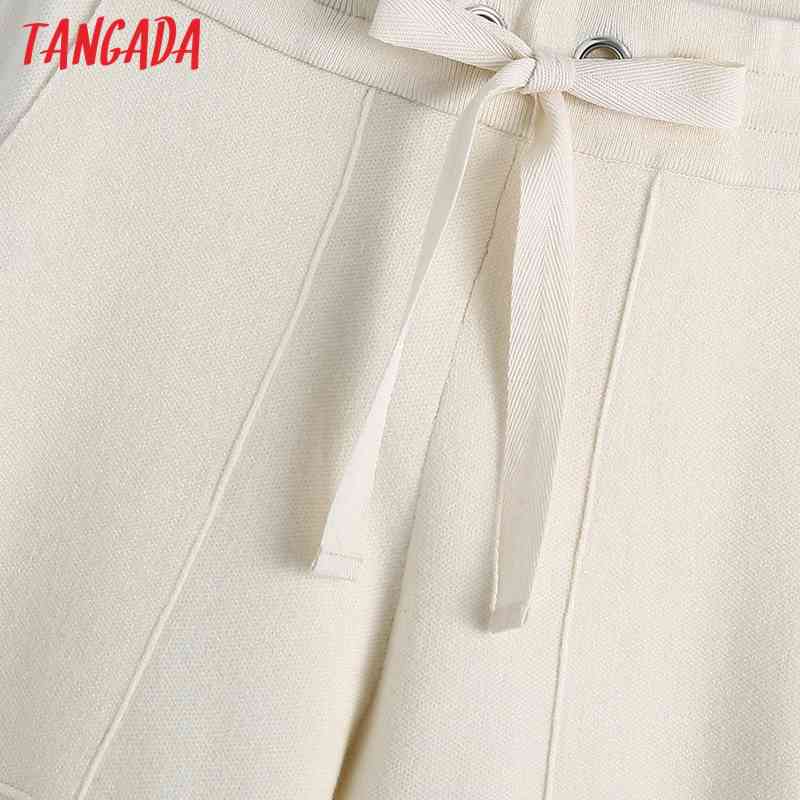 Women Chic Fashion Beige Knitted Pants Vintage High Waist with Drawstring Female Ankle Trousers BE352 210416