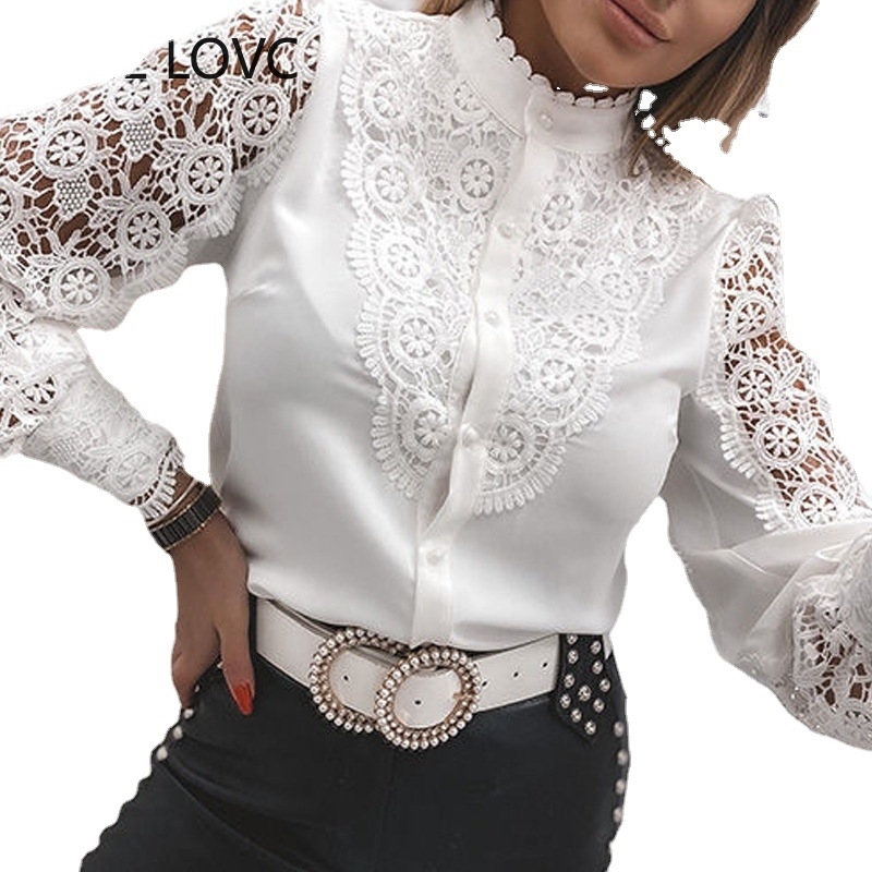 Women Blouse White Lace Top Fashion Shirts Stand Collar Lantern Sleeve Hollow Out Ladies Tops Plus Size Spring 210513