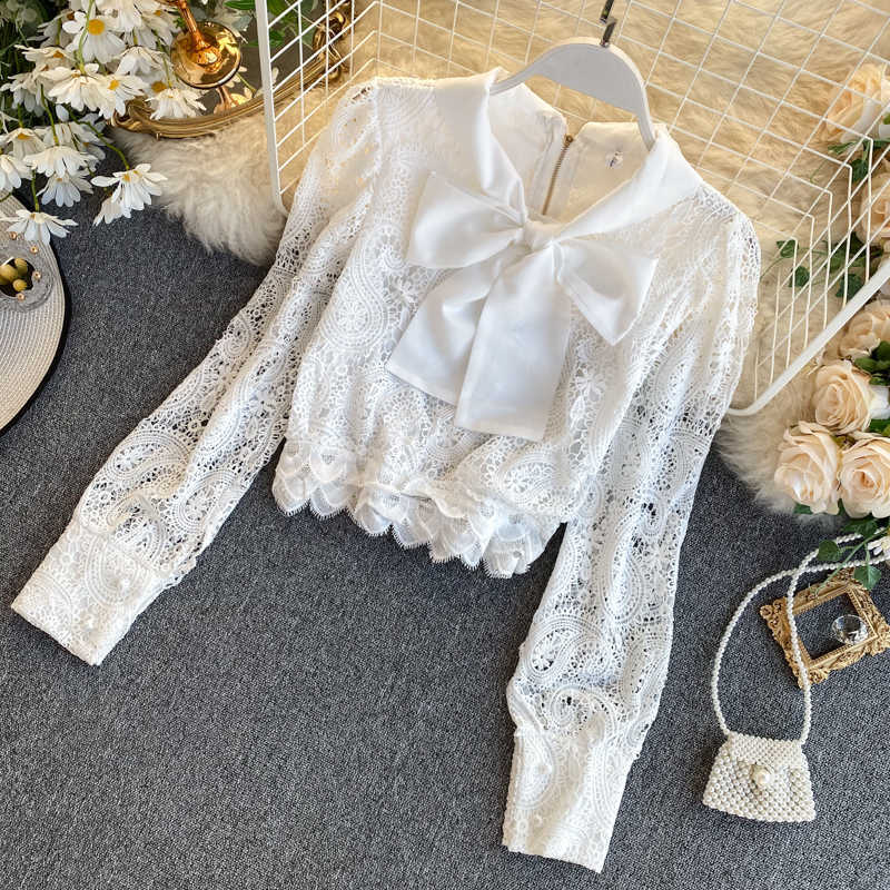 Women Sweet Butterfly Kno Short Cut-out Lace Shirt Tops Lady Long Sleeve White Black Elegant Blouse L153 210527