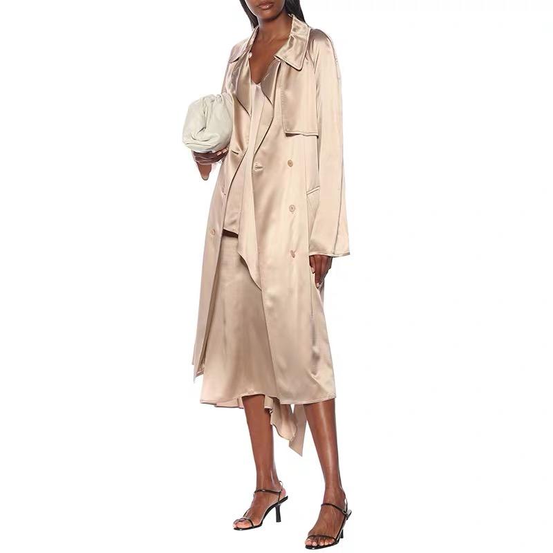 Women' Trench Coats Effortless Chic Gloss 100% Heavy Silk Satin Champagne Double Breasted Belted Elegant Turn-Collar Long Coat Event Outwea, As pic 
Women' Trench Coats Effortless Chic Gloss 100% Heavy Silk Satin Champagne Double Breasted Belted Elegant Turn-Collar Long Coat Event Outwea, As pic