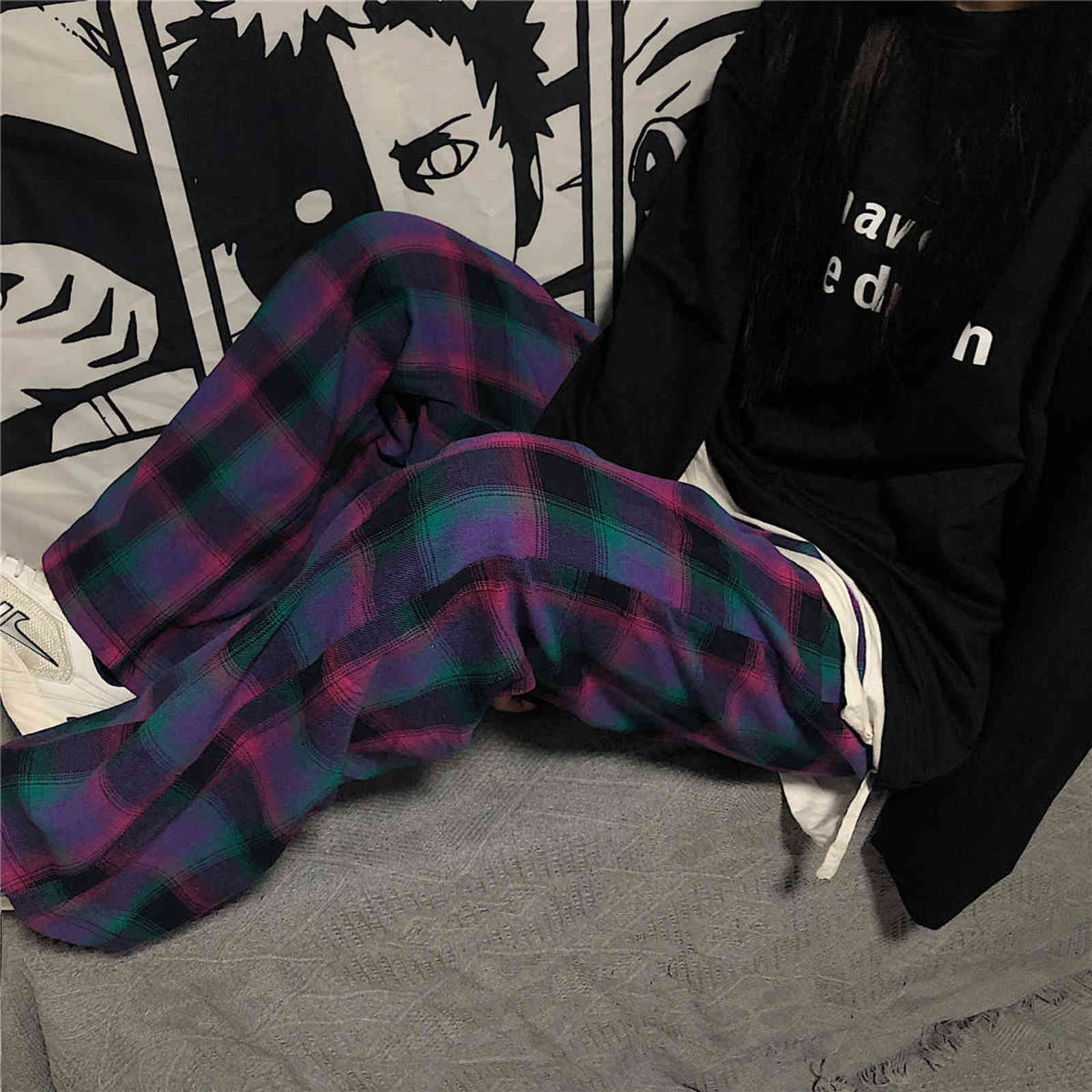 HOUZHOU Harajuku Plaid Pants Women Street Style Korean Wide Leg Purple Oversize Checked Trousers For Female Aesthetic 211124
