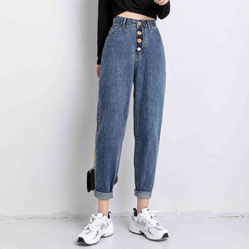 Autumn Allmatch Fashion Buckle Buttons Denim Jeans High Waist Women Harem Pants Loose 10792 210518