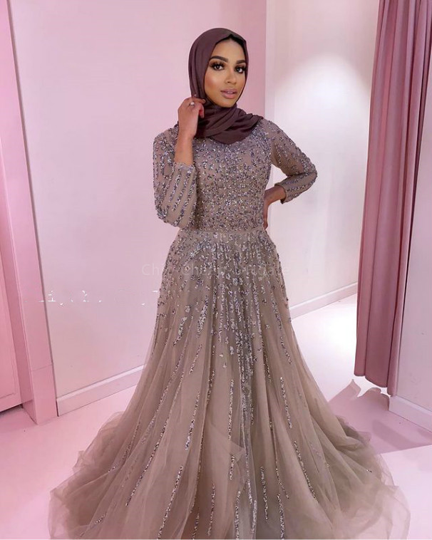 2021 Plus Size Arabic Aso Ebi Luxurious Beaded Sexy Muslim Prom Dresses Long Sleeves A-line Evening Formal Party Second Reception Gowns Dress ZJ445