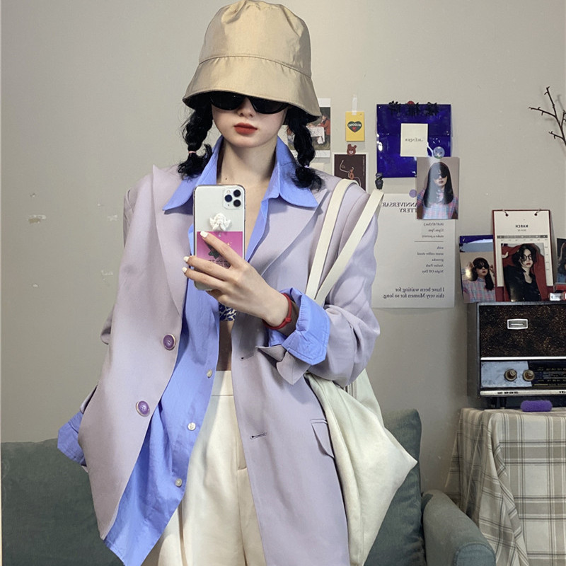 Spring Women Purple Thin OL Elegant Korean Chic Blazer Feminino Sweet Solid Coat Vintage 16213 210415