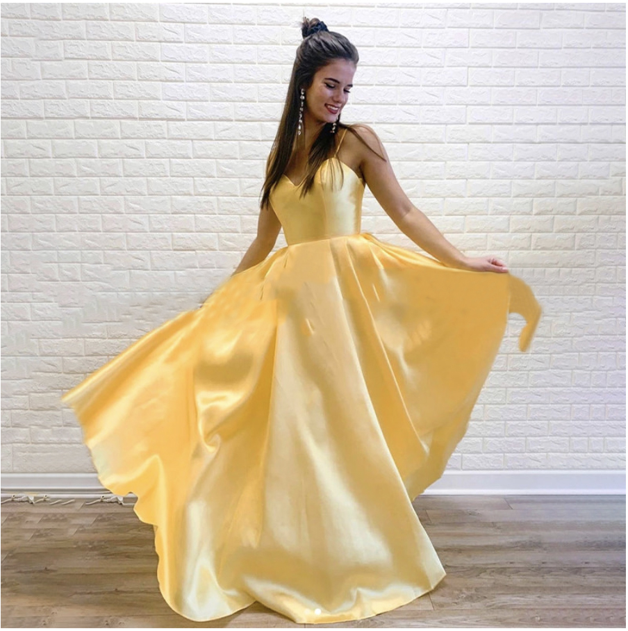 2021 New Arrival Lovely Yellow Puffy A Line Prom Dresses Long For Young Women Sweetheart Spaghetti Strap Party Gown