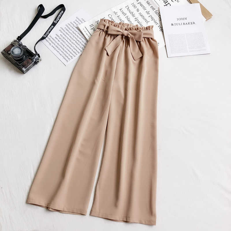 LY VAREY LIN Summer Women Casual Elastic Waist Wide Leg Pants Loose Female High Bow Solid Color Ankle-length 210526