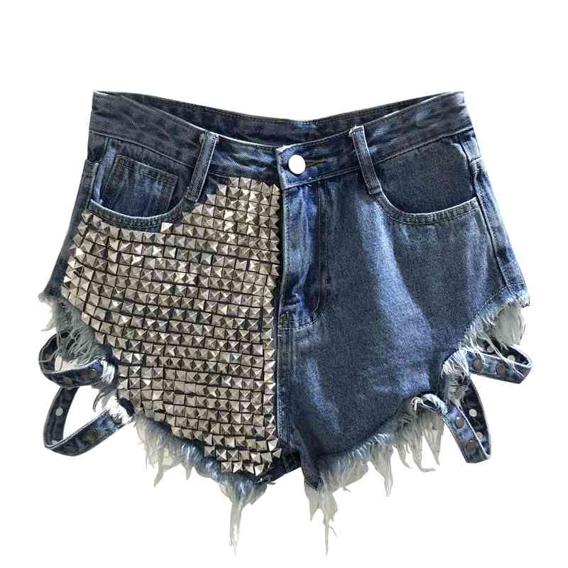 Rivet denim shorts summer spring women high waist loose tassel jeans shorts 210611