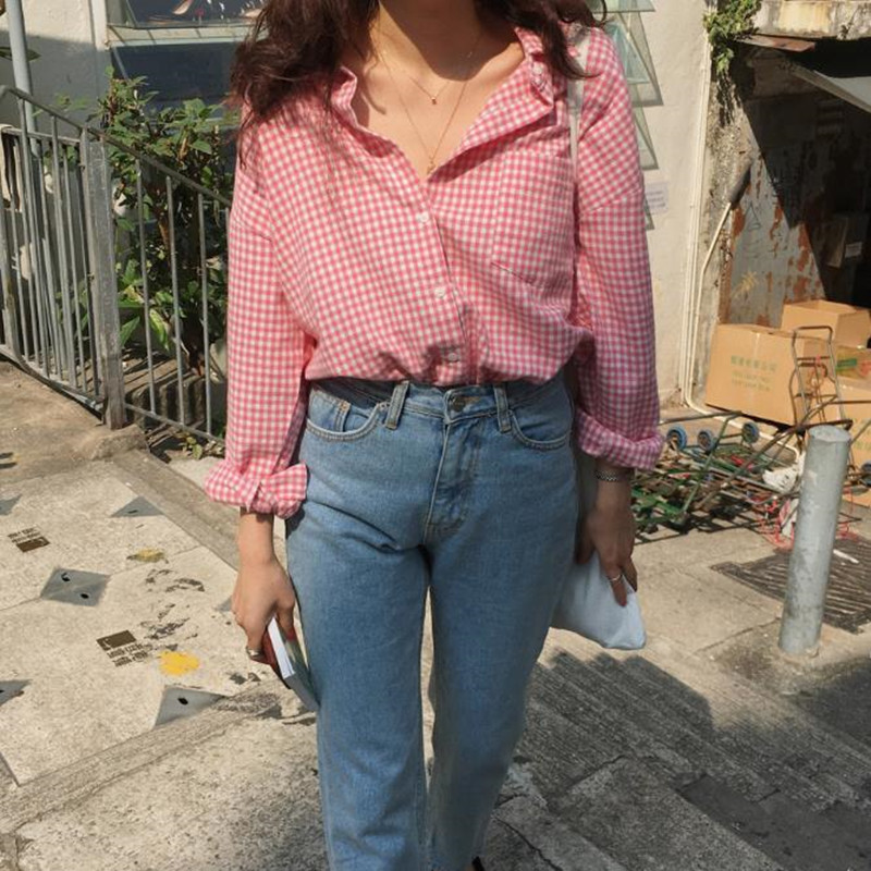 OL Elegant Pink Plaid Shirt Women Summer Blouses Loose Lapel Single-breasted Office Lady Long Sleeve Tops Blusas 210421