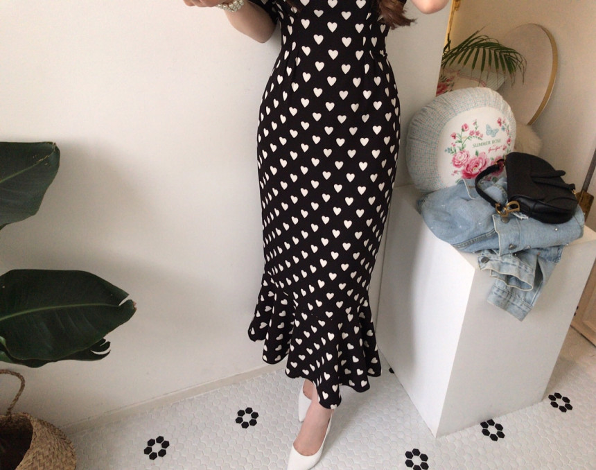 Elegant Vintage Square Collar Ruffles Mermaid Dress Summer Bodycon print Slim OL Dresses Vestidos 210519