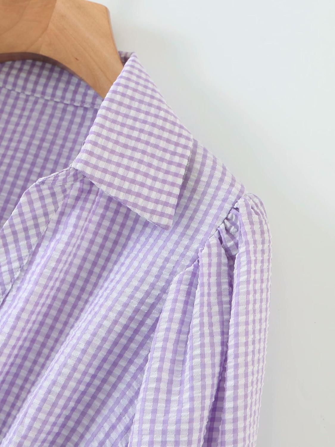French Lapel V neck Lavender Check Plaid Shirt Retro Long Sheep Leg Puff Sleeve Women Blouse Short Tops Purple 210429