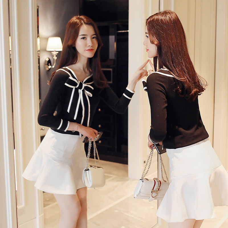 Women Knitted Shirts Bow Blouse Spring Bottoming Shirt Elegant Fashion Black Long Sleeve Blouses Blusas Mujer Ladies Tops 8024 210506