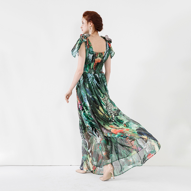 VKBN Summer Dress Women Sleeveless Bow V-Neck Fashion Leaves and Animals Printing Long Dresses for Women Elegant 210507