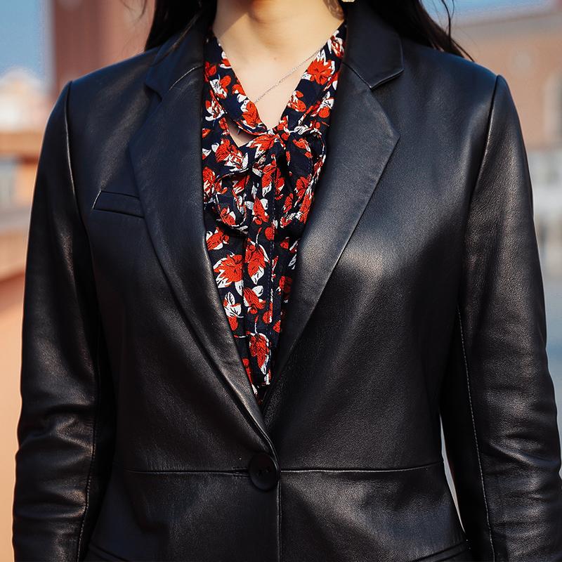Style Women OL Real Leather Jacket Single Button Suit Collar Sheepskin Coat Brand Fashion Slim Three Quarter Sleeve Outerwear Women's & Faux
