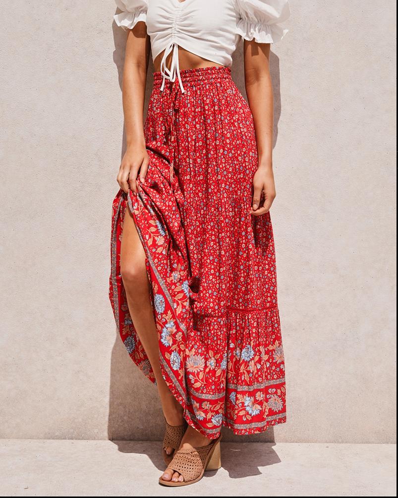red floral print beach women skirts bohemian high elastic waist rayon cotton boho maxi femme, Black
red floral print beach women skirts bohemian high elastic waist rayon cotton boho maxi femme, Black