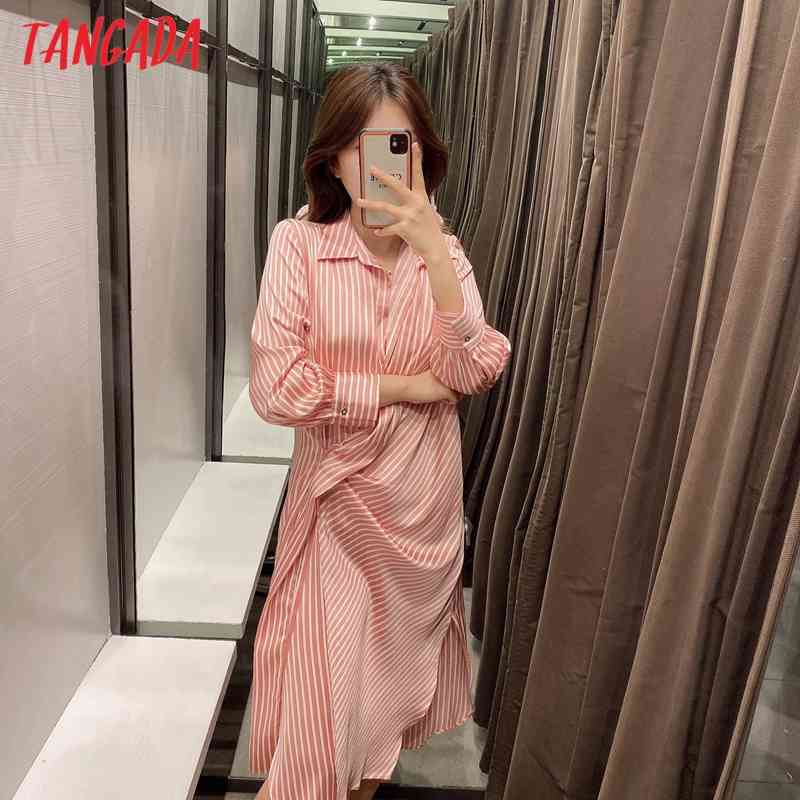 Fashion Women Striped Print Shirt Side Buttons Long Sleeve Ladies High Street Midi Dress 5Z85 210416