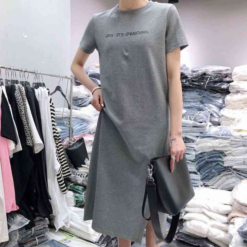 Summer Long Casual Dress for Women Loose Short Sleeve Straight Solid Letter Beach Maxi Dress Plus Size Ladies Shirt Dress 210518