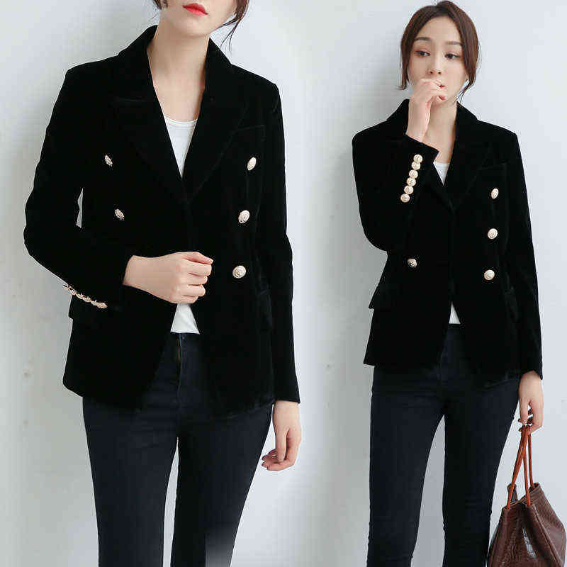 Autumn Women's Slim gold velvet small suit jacket women blazer metal button Short coats jackets 211122