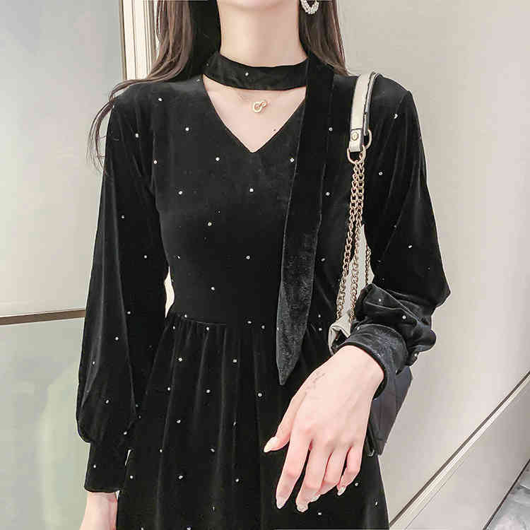 Autumn Velvet Spring Girls Female Vintage Dress Long Sleeve Oversize Women Dresses Black sexy Boho Robe Vestido 210417Z