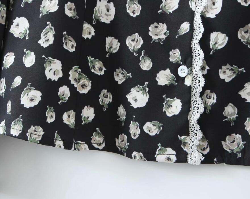 Spring CHIC Spliced Lace White Flower Print Shirt Black Women Single-breasted buttons Tie Bow Cuff Blouse Girl's Tops 210429