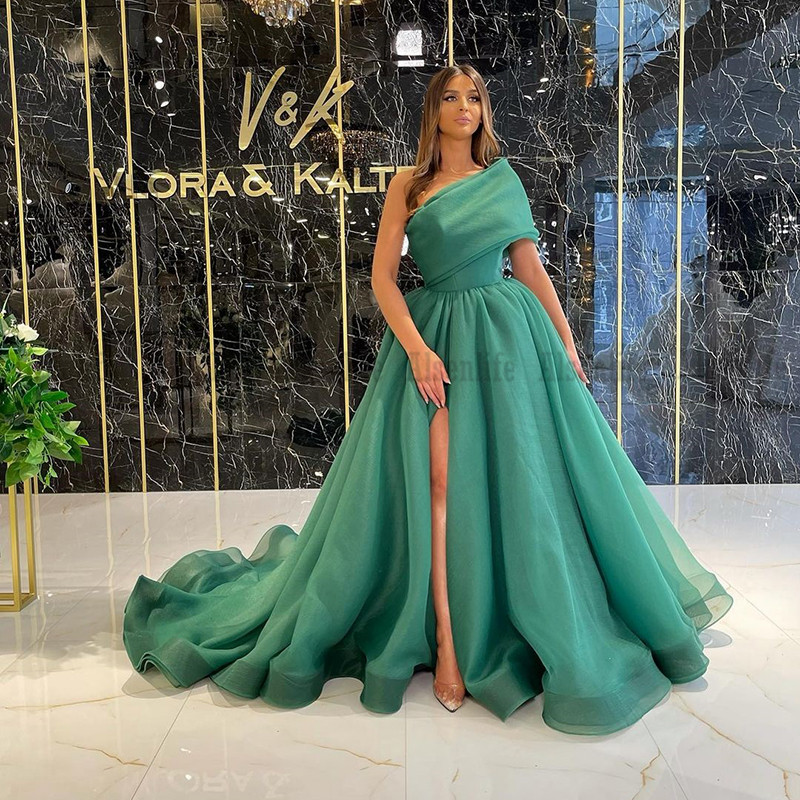 One Shoulder Prom Dress Sexy Side Split 2021 Tulle Green Saudi Arabic Vestido De Fiesta Boda Formal Party Wear