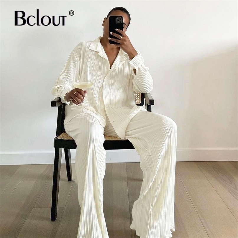 Bclout Beige Elegant Pleated Pants Women'S Suit Turn Down Collar Long Sleeve Blouse High Waist Set Woman 2 Piece Chic 220315