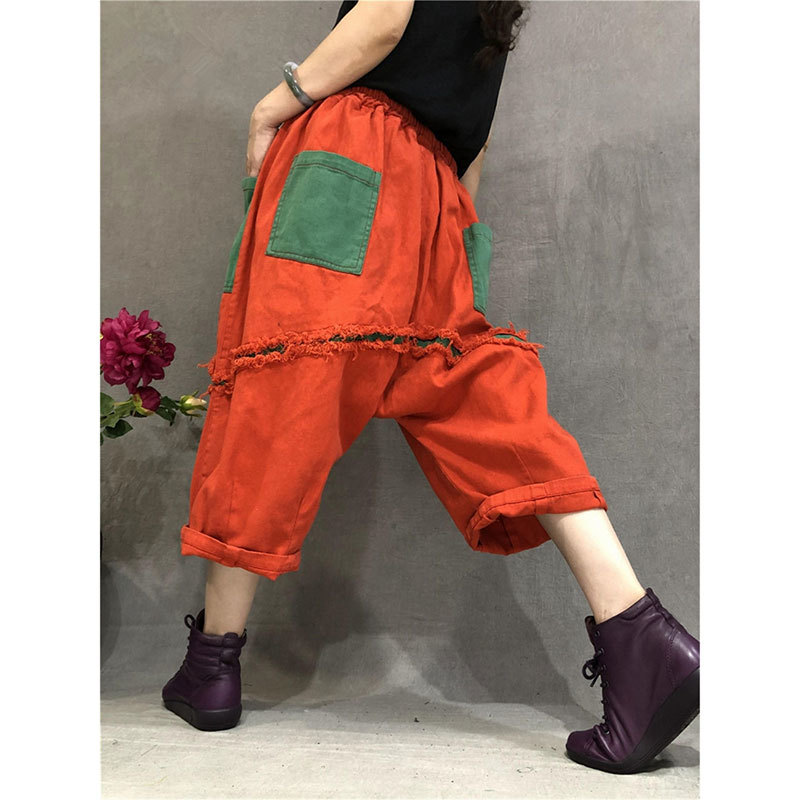 High Street Fashion Women Cross-pants Elastic Waist Hole Patchwork Casual Pants Female Loose Denim Cotton Calf-length D128 210512