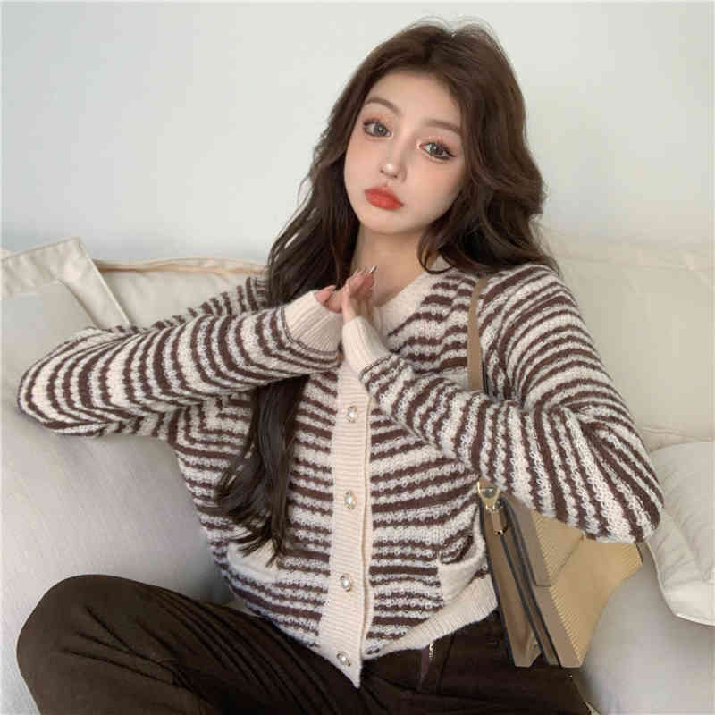 2 Colors Autumn winter korean style stripe vintage soft knittd cardigans womens button sweaters cardigans womans (R99464) 210423