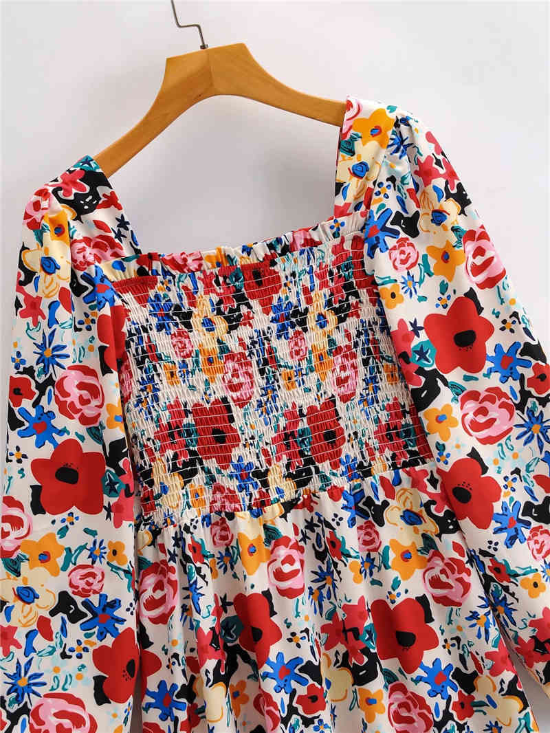 Spring Women Vintage Loose High Waist Slim Was Thin Elegant Square Collar Printing Maxi Dress Female ZA5972 210427