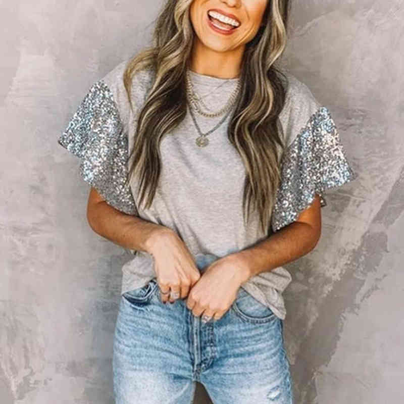 Vintage Sequin Sleeve T-shirt Women Top Patchwork Casual Summer O-Neck Harajuku Shirts Short-sleeve Tops Office Ladies T-shirts 210515