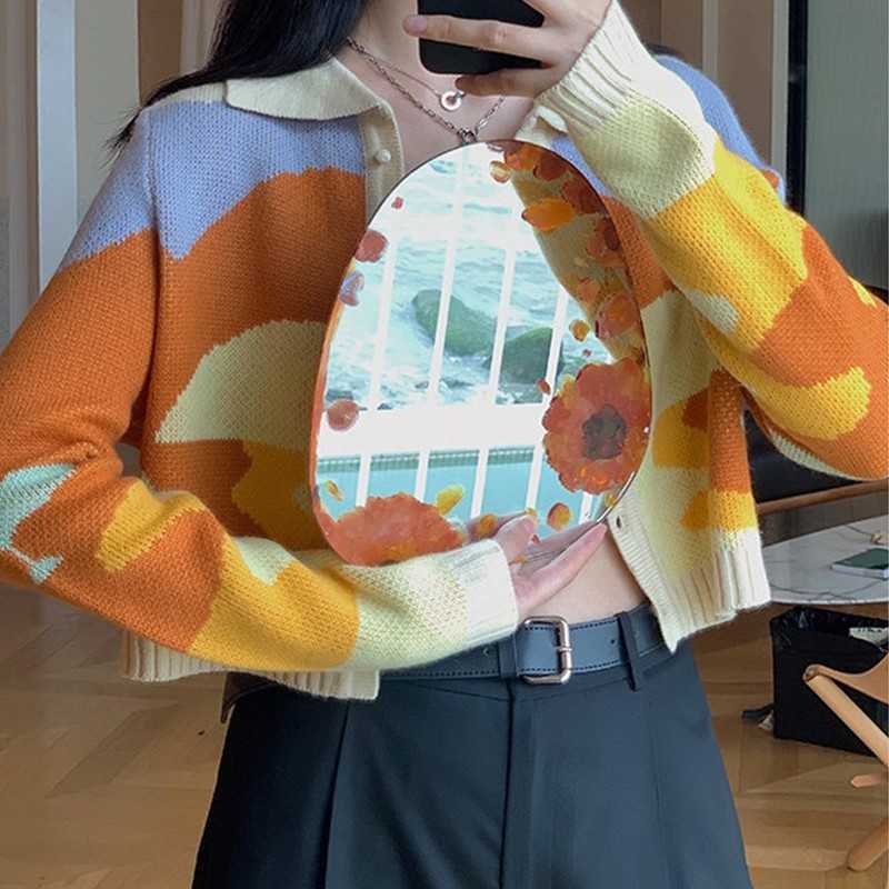 Yedinas Sweet Cropped Cardigan Knitted Long Sleeve Oil Painting Cute Women Sweater Slim Ladies Jumper Korean Fashion 210527