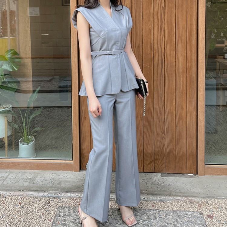 High Quality Summer 2 Piece Set Elegant Office Lady Sleeveless Slim Blouse And OL Work Long Pants Suit Female 210519