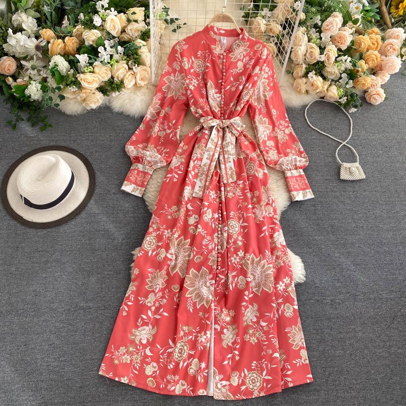 Women Stand Collar Lantern Sleeves Waistband Single-breasted Retro Printed Flowers Red Long Dress Ladies Casual Dresses