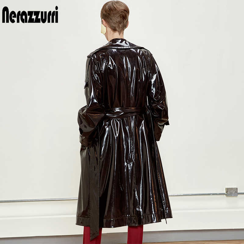 Nerazzurri Long waterproof black patent leather trench coat for women double breasted iridescent oversized leather coat 7xl 210908