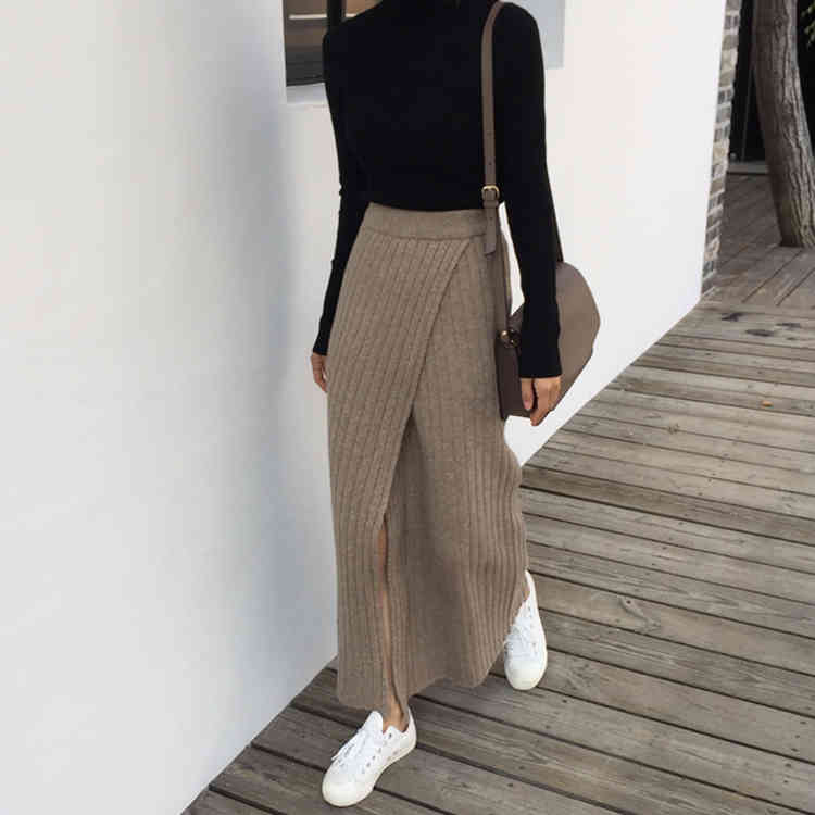 High Waist Splitting Knitted Long Skirt Women Elastic Solid Vintage Ladies Korean Spring Clothes 210514