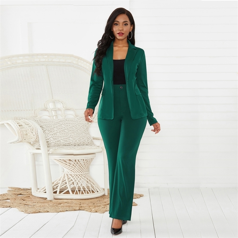 Women's suits Green Black Sets Autumn Winter Turn Down Collar Elegant Blazers Coat Wide Leg Long Pants Workwears 2 Pcs Outfits 210522