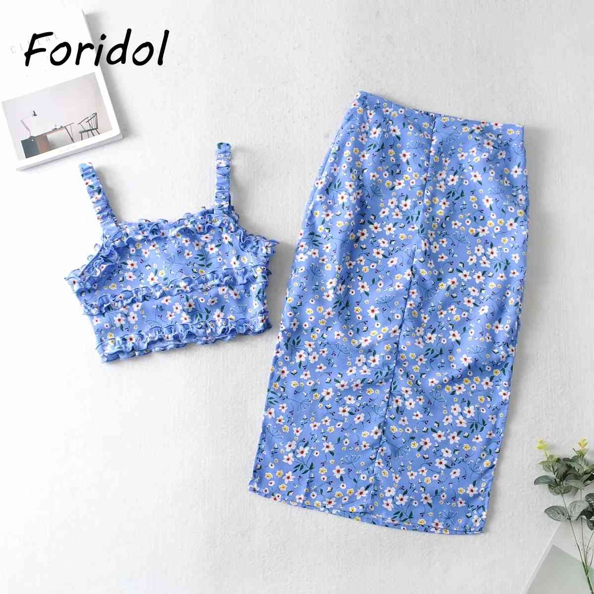 Foridol Floral Print Long Dress Set Suits Women Summer Sleeveless Boho Beach Blue Dress Casual Bodycon Australia Dress 210415