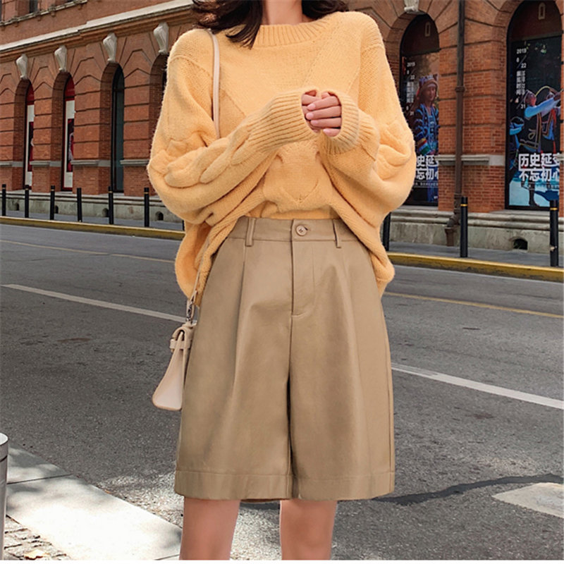 Simple High Waist Slender Fashion PU Leather Streetwear Chic Women All-Match Loose Casual Wide Leg Shorts 210421
