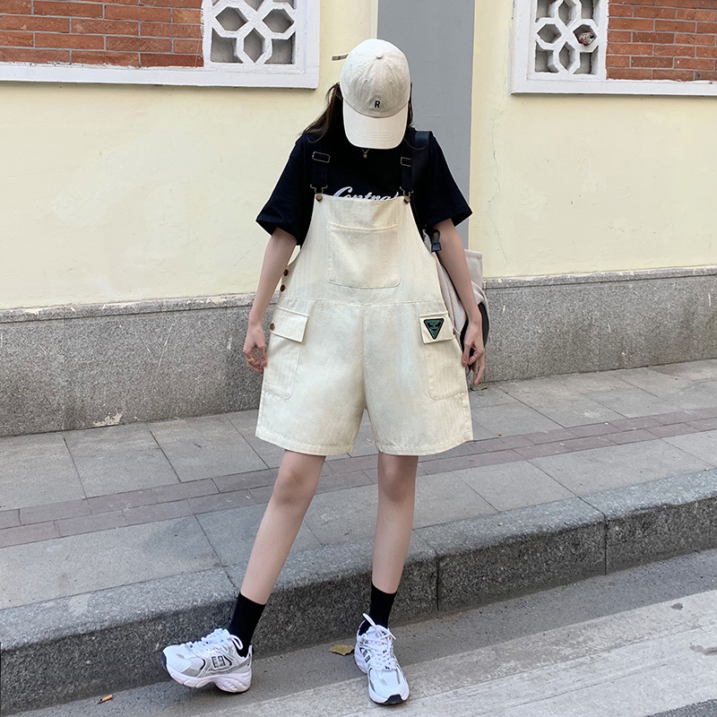 SML Summer korean preppy style Black Jumpsuit Denim Overalls Loose Casual Girls Beige Jeans Shorts womens (72852) 210423
