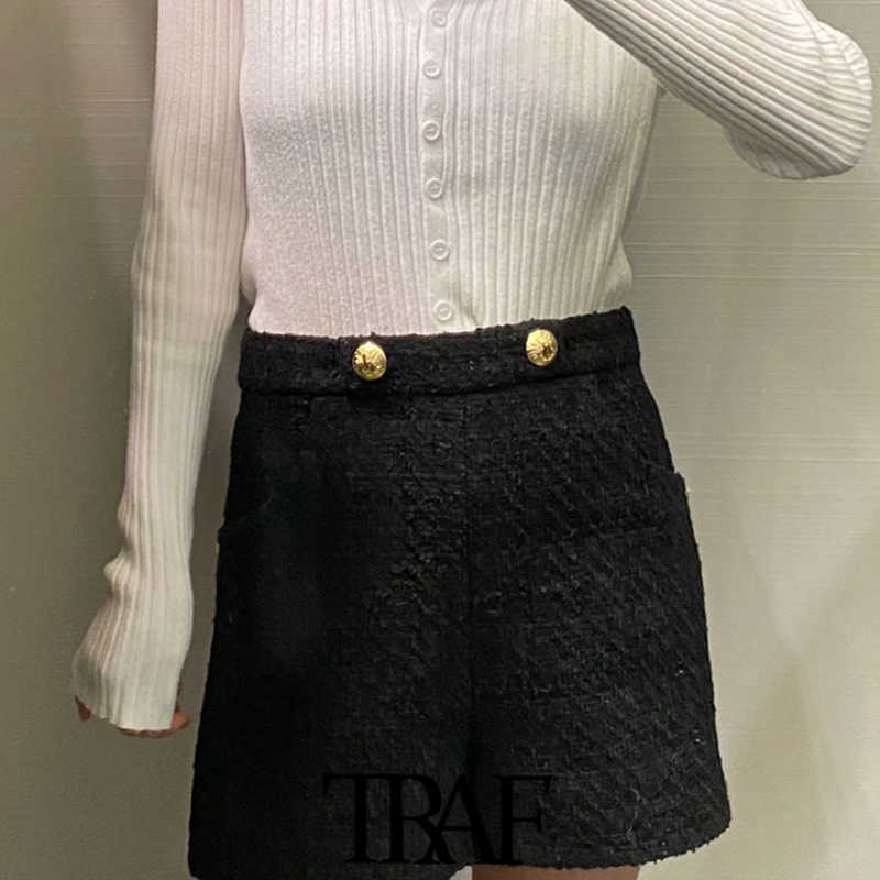 TRAF Women Chic Fashion Side Pockets Buttons Tweed Bermudas Shorts Vintage High Waist Back Zipper Female Short Femme 210611