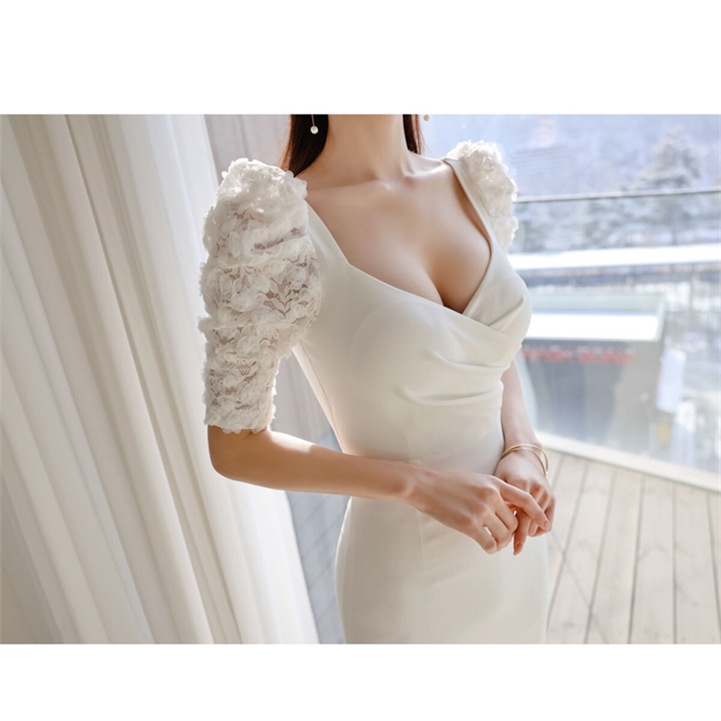 Fashion V-Neck Lace Puff Sleeve Women Pencil Dress Summer Solid Office OL Female White Bodycon es Vestidos femme 210519