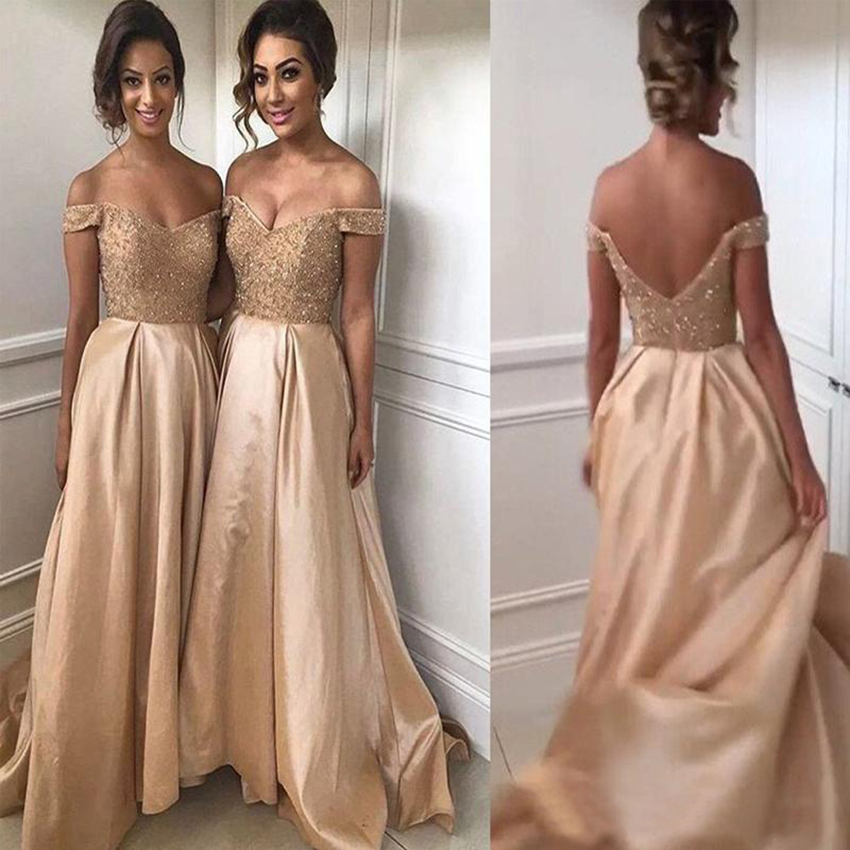 2021 Sexy Bridesmaid Dresses Champagne Gold Maid of Honor Dresses Beaded Lace Top Off the Shoulder Backless Long Wedding Party Gowns