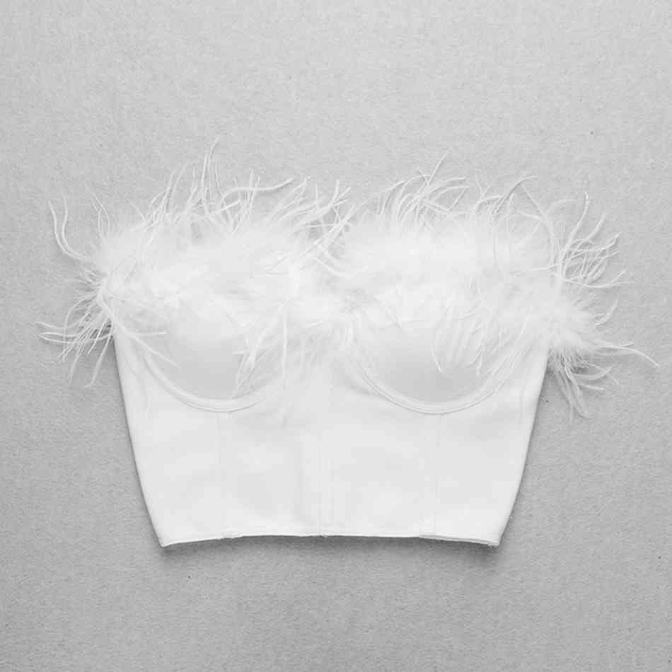 High Quality Fashion Sexy Black White Strapless Sleeveless Feathers Dotted Party Bandage Tops Wholesale 210524